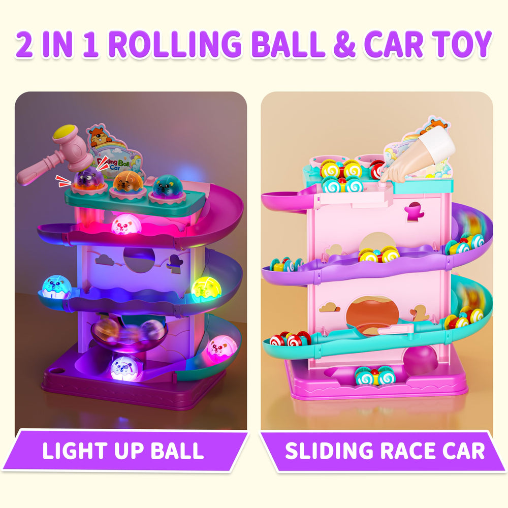 Funwee racing car launcher speeding down ramp boosts visual tracking during guided play sessions