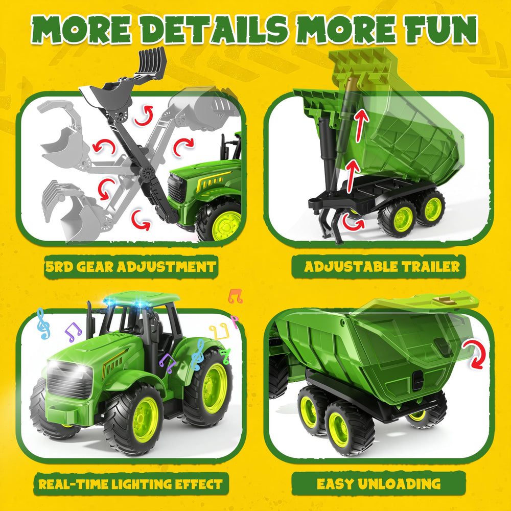 Funwee RC Farm Tractor green remote control with 2.4GHz tech enables multiplayer fun.