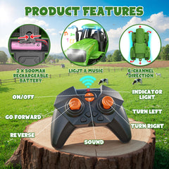 Funwee RC Farm Tractor green side view highlighting durable design for indoor outdoor play.