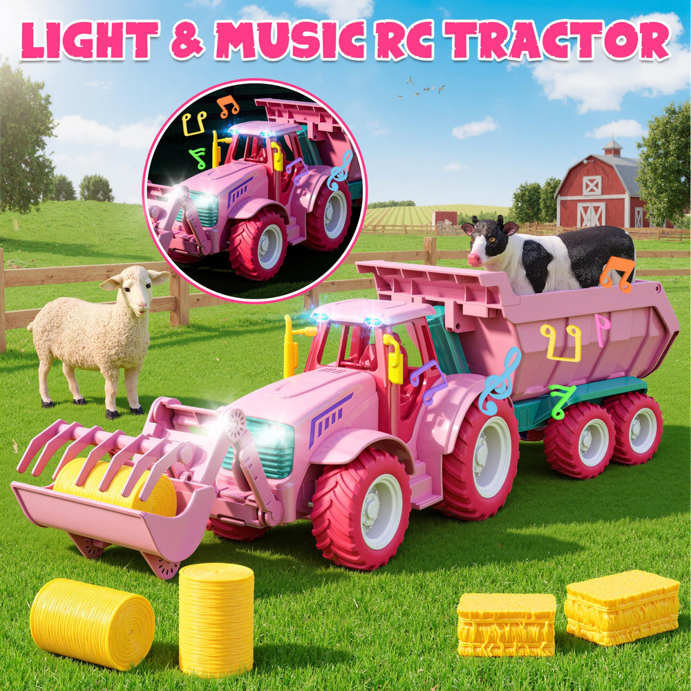 Funwee RC Farm Tractor pink front loader in action during playtime.