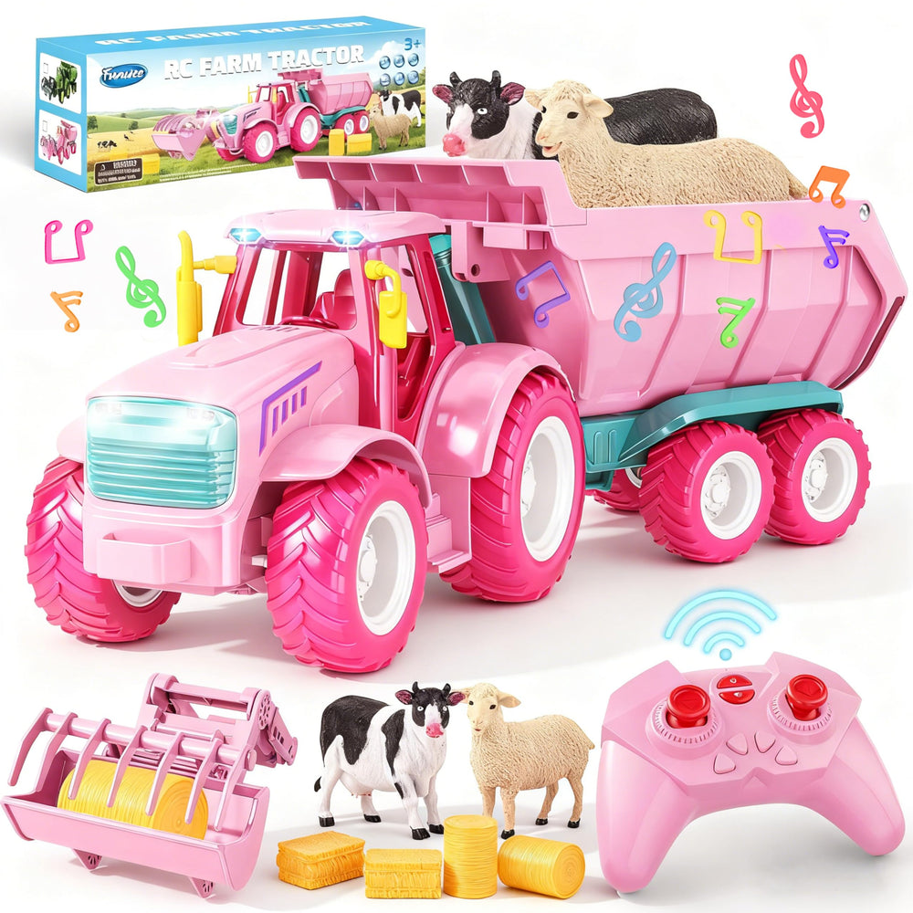 Funwee RC Farm Tractor pink front view with loader for imaginative play.