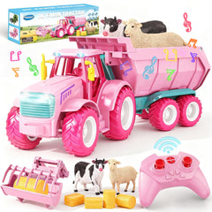 Funwee RC Farm Tractor pink front view with loader for imaginative play.