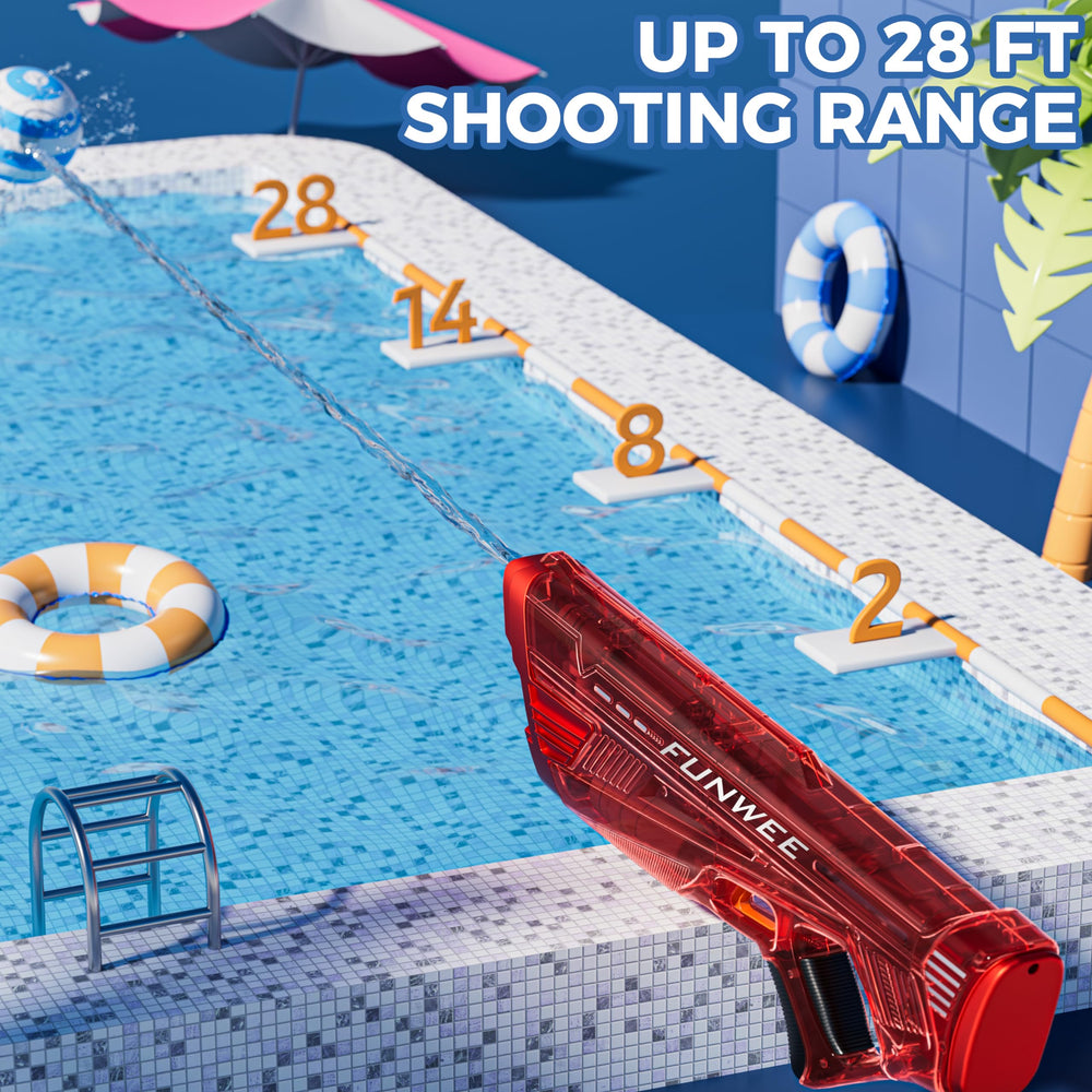 Funwee electric water gun demonstrates long-range firing up to 28-32 feet.