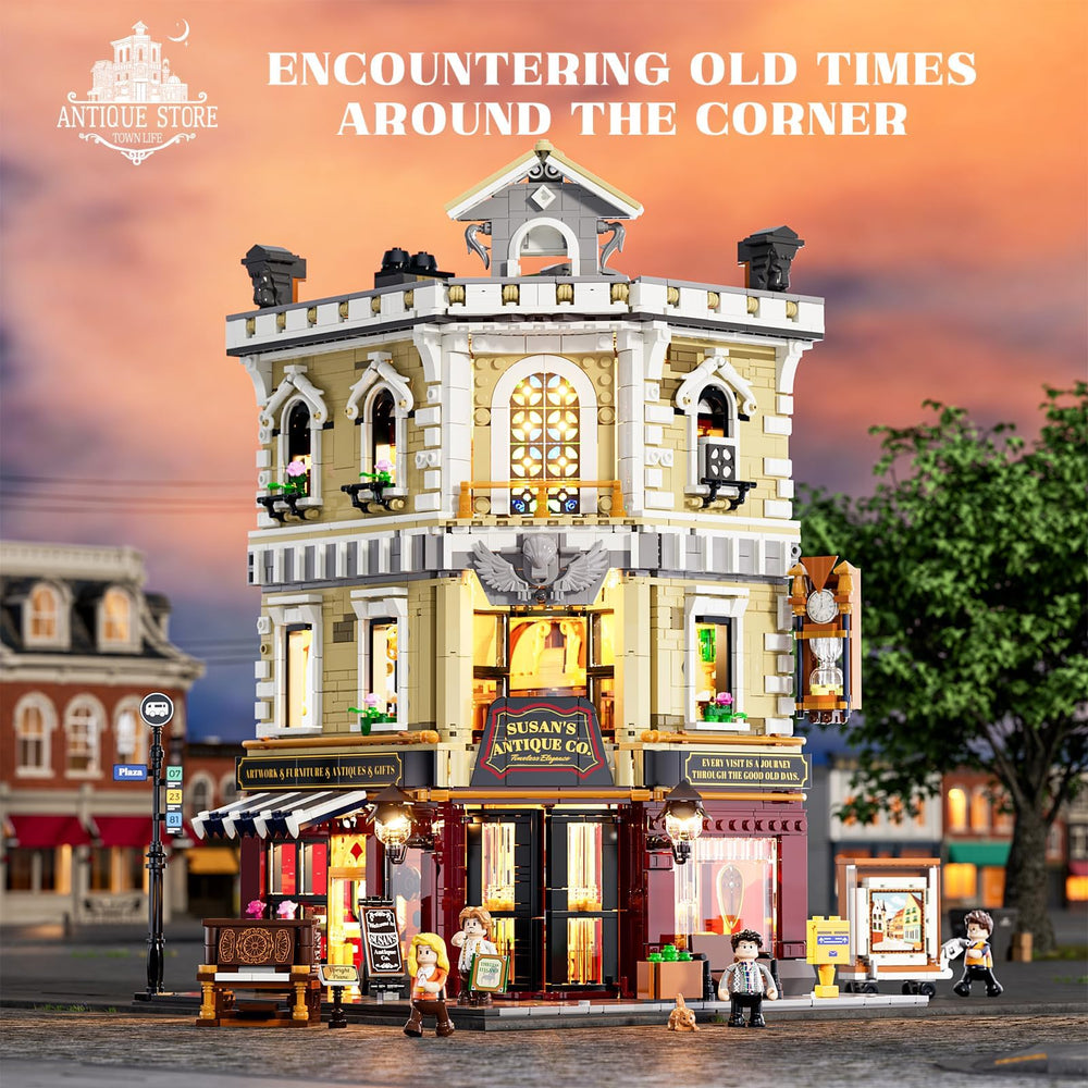 FUNWHOLE Antique Store large bookcase spans three levels for expansive shelving.