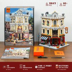 FUNWHOLE Antique Store minifigures and kitten add charming scene life.