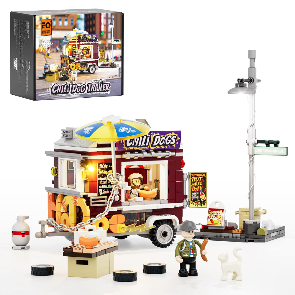 FUNWHOLE chili dog trailer exterior lighting enhances display and urban vibe.