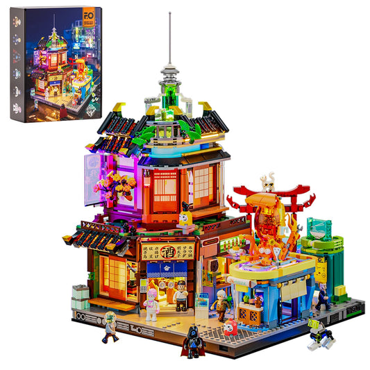 FUNWHOLE cyberpunk izakaya facade showing neon glow and traditional architectural elements for a vibrant city vibe