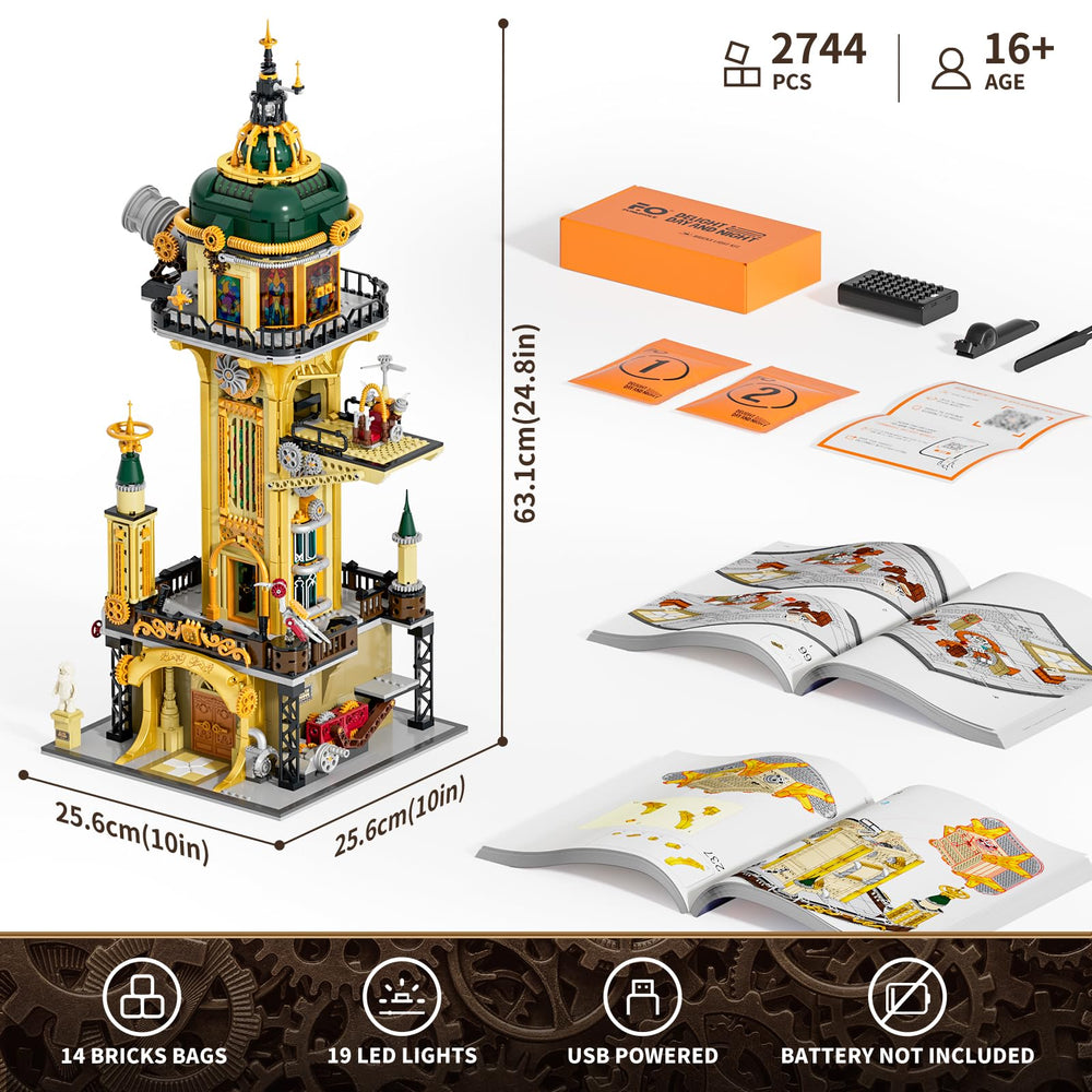 FUNWHOLE Steampunk Observatory Tower gear rotations and parallelogram lift demonstrate mechanical craftsmanship.