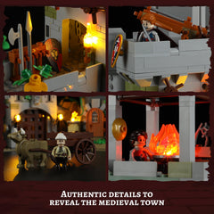 FUNWHOLE Watchtower torches and lit path create atmospheric lighting for night displays.