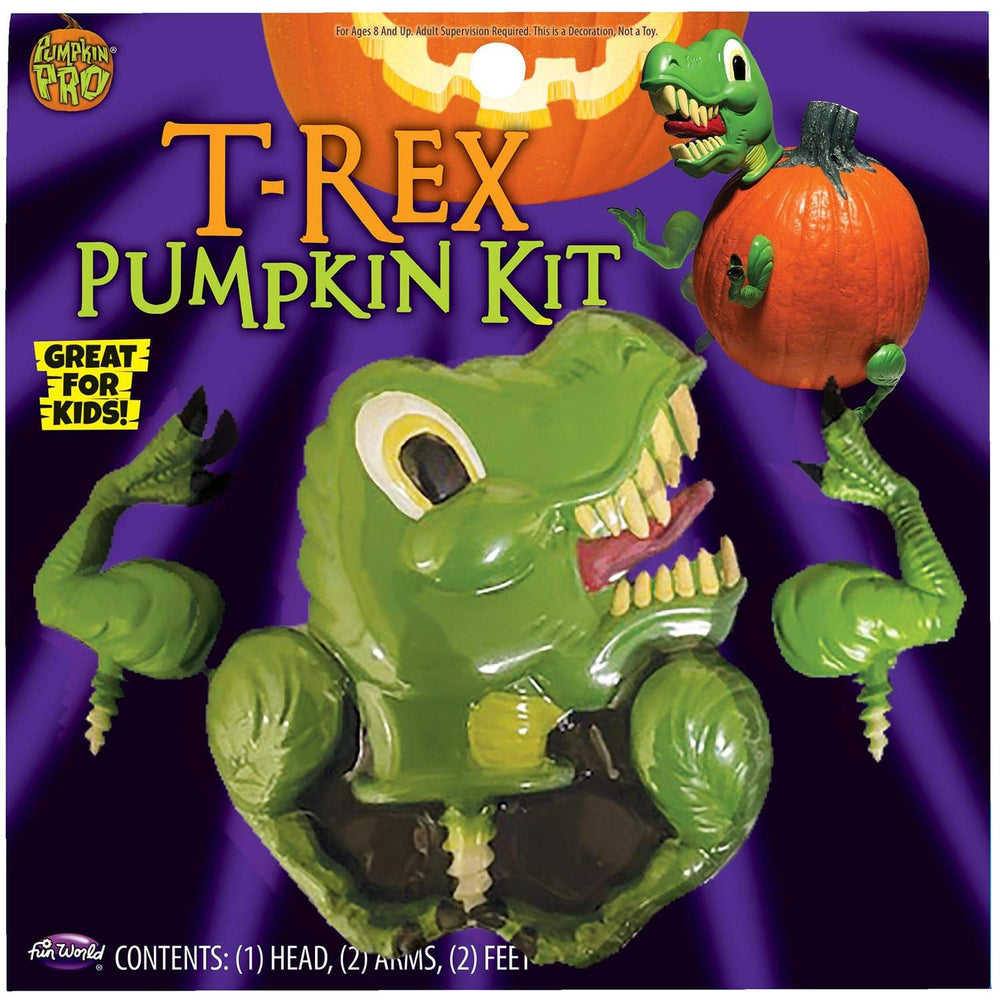 Fun World T-Rex head pumpkin kit—adds a bold dinosaur face to your pumpkin.
