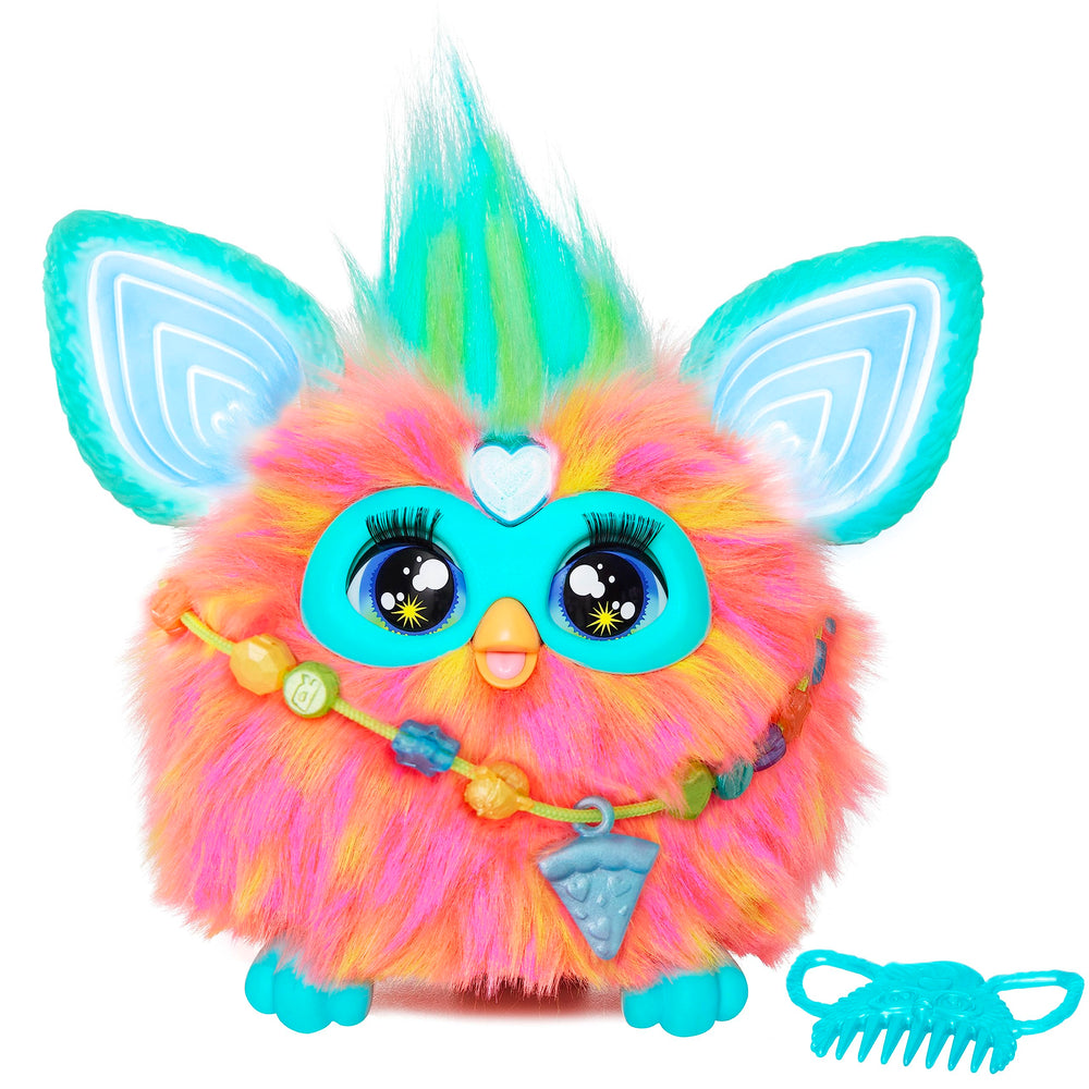 Furby Coral performing a dance with a bright light show, engaging playtime.