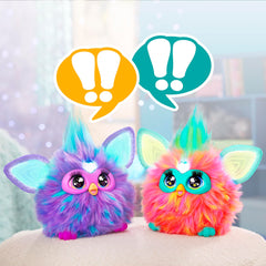 Furby Coral enjoying pretend pizza feeding for interactive play.