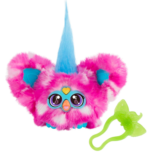 Furby Furblets Dah-Tee mini friend with pink polka-dot fur, portable travel buddy for kids.