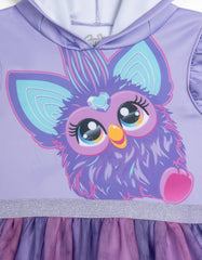 Furby hood with 3D ears and hair tuft, playful cosplay accessory for photos and pretend play.