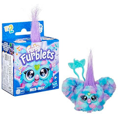 Furby Mer-May Furblets beak press activates feeding noises for interactive pretend meals.