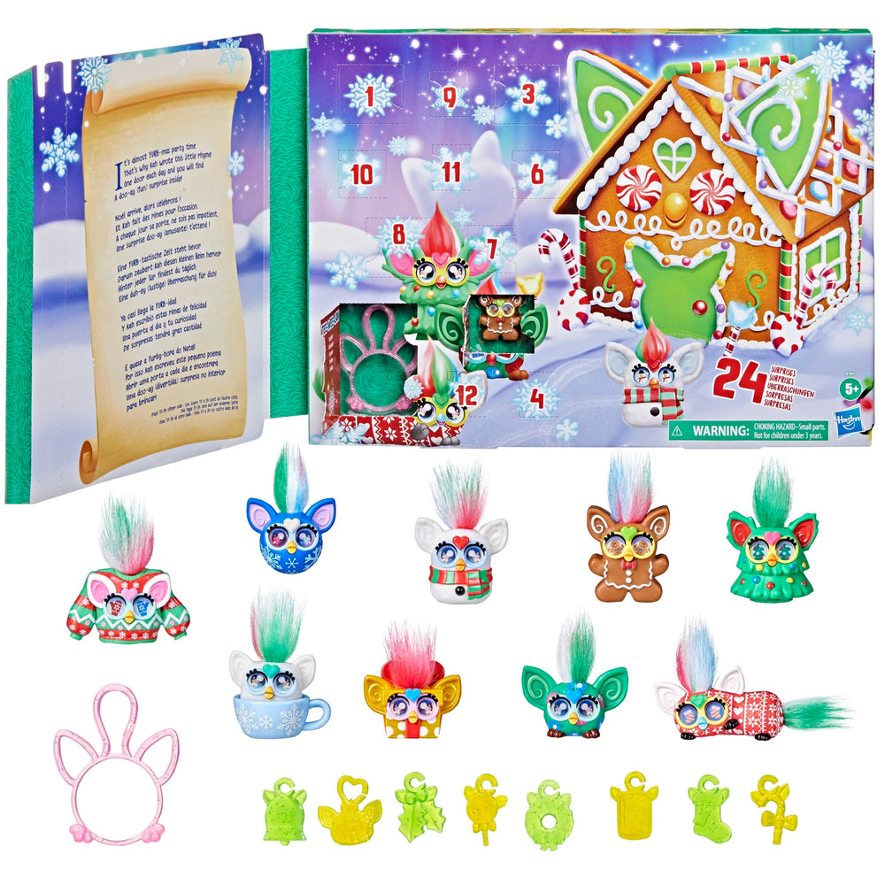 Furby Minis Advent Calendar figure tree reveals daily festive surprises for kids.