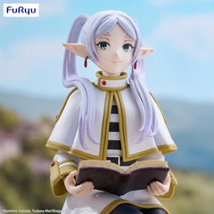 Furyu Frieren figure with base stand included for secure shelf display.