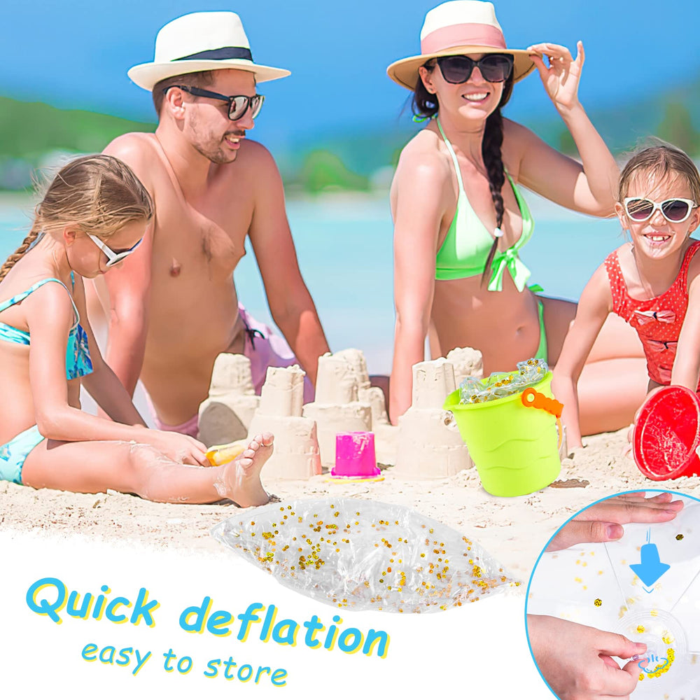 Sealed gold confetti inside FUTUREPLUSX beach ball for long-lasting sparkle