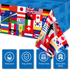 FuWeave indoor dining with flag tablecloth creating a global-themed table