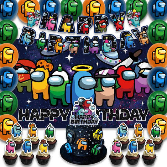 Fuyhiuous banner with Happy Birthday letters in multi-color for Among party