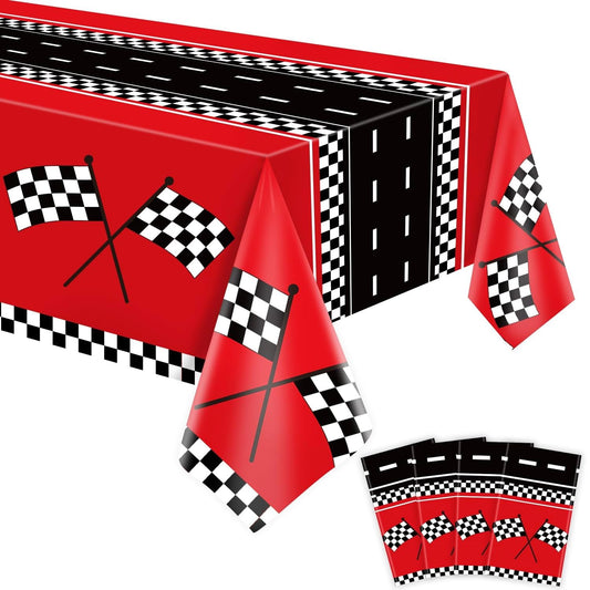FVEOCR racing car tablecloth with checkered pattern, ideal for quick cleanup and bold party vibes.
