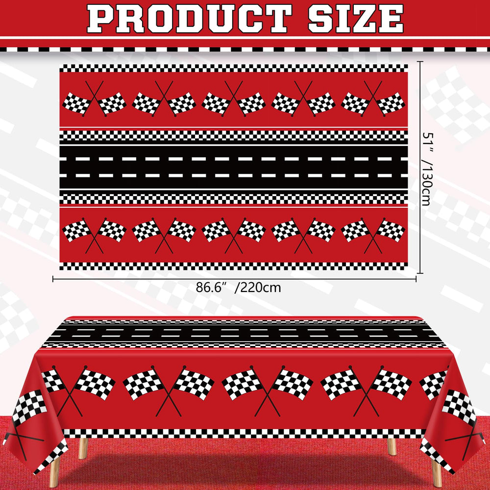 FVEOCR racing car tablecloth in red, black, and white enhances race night decor.