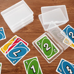 FVIEXE box stacked with cards demonstrates compact storage efficiency.
