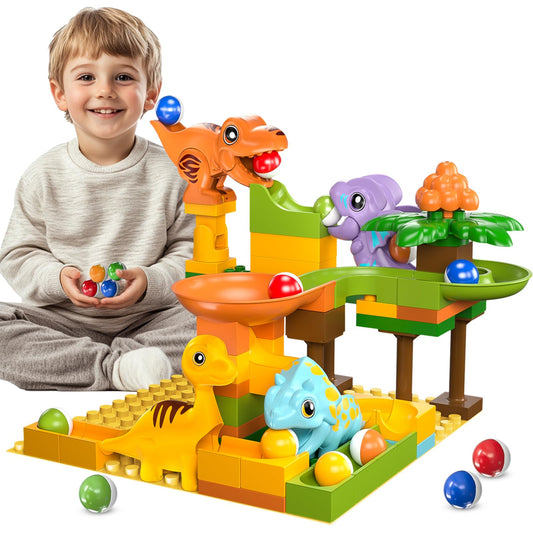 Fygurso dinosaur team figures inspire imaginative marble run storytelling.