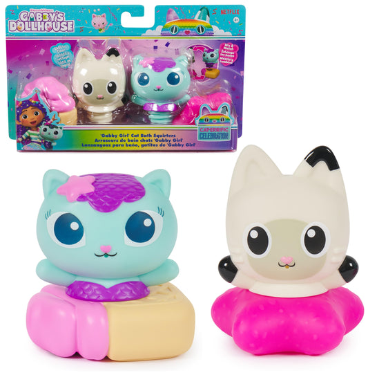 Gabbyβs Dollhouse Mercat and Pandy Paws bath squirters for splashy, mess-free play in the tub.