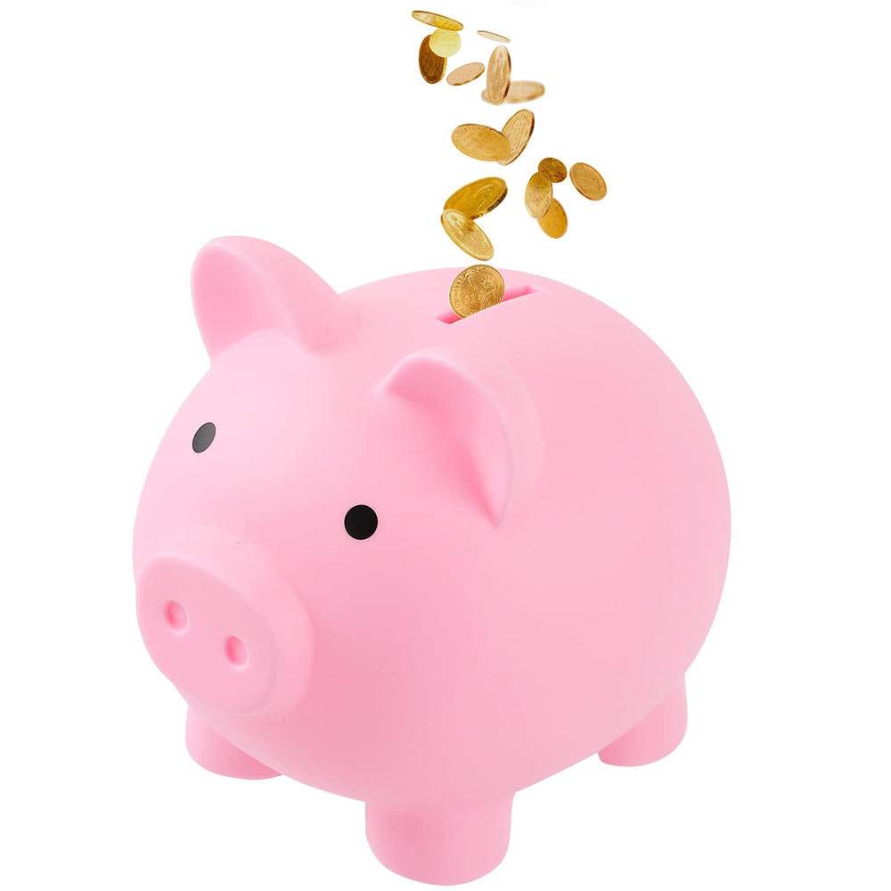 GADIEDIE pink piggy bank front view, durable plastic for safe kid-friendly savings.