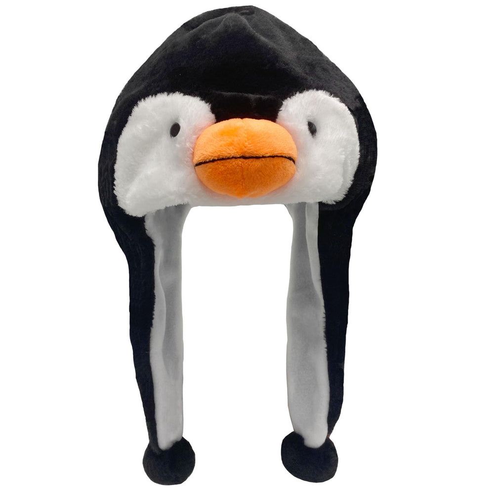 GADMEXILY penguin plush hat front view keeps kids warm during outdoor play.