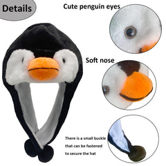 GADMEXILY penguin plush hat worn by model for festive cosplay and parties.