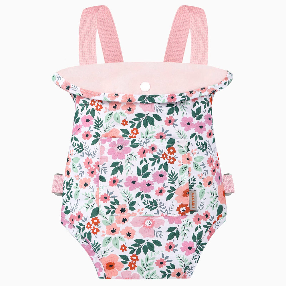 GAGAKU baby doll carrier in pink leaf pattern for cozy doll hugs.