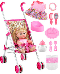 GAGAKU baby doll stroller front view shows smooth wheels for easy outdoor pushing.