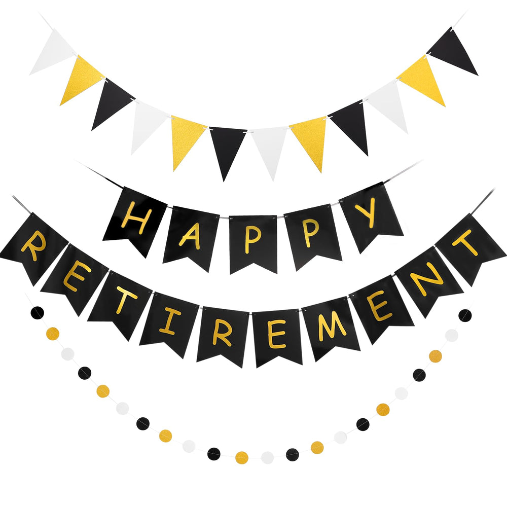 GAGAKU Happy Retirement Banner with black and gold design enhances office farewell celebrations