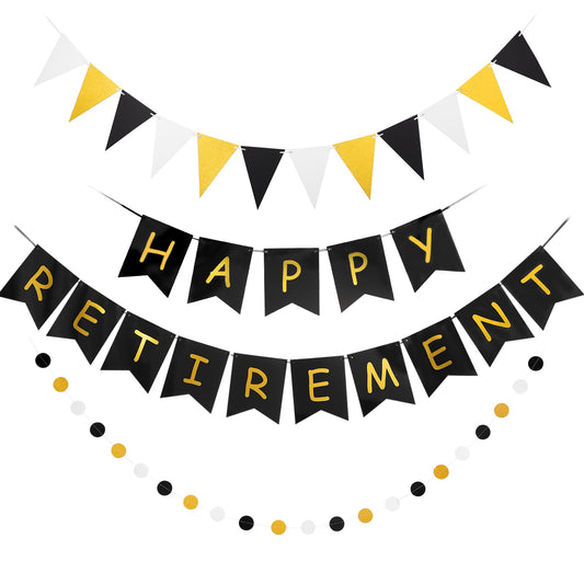 GAGAKU Happy Retirement Banner with black and gold design enhances office farewell celebrations