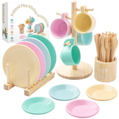 GAGAKU kids wooden play dishes plates for realistic pretend meals and tidy setups.