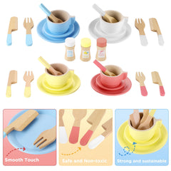 GAGAKU wooden plates and saucers, smooth edges for safe pretend meals.