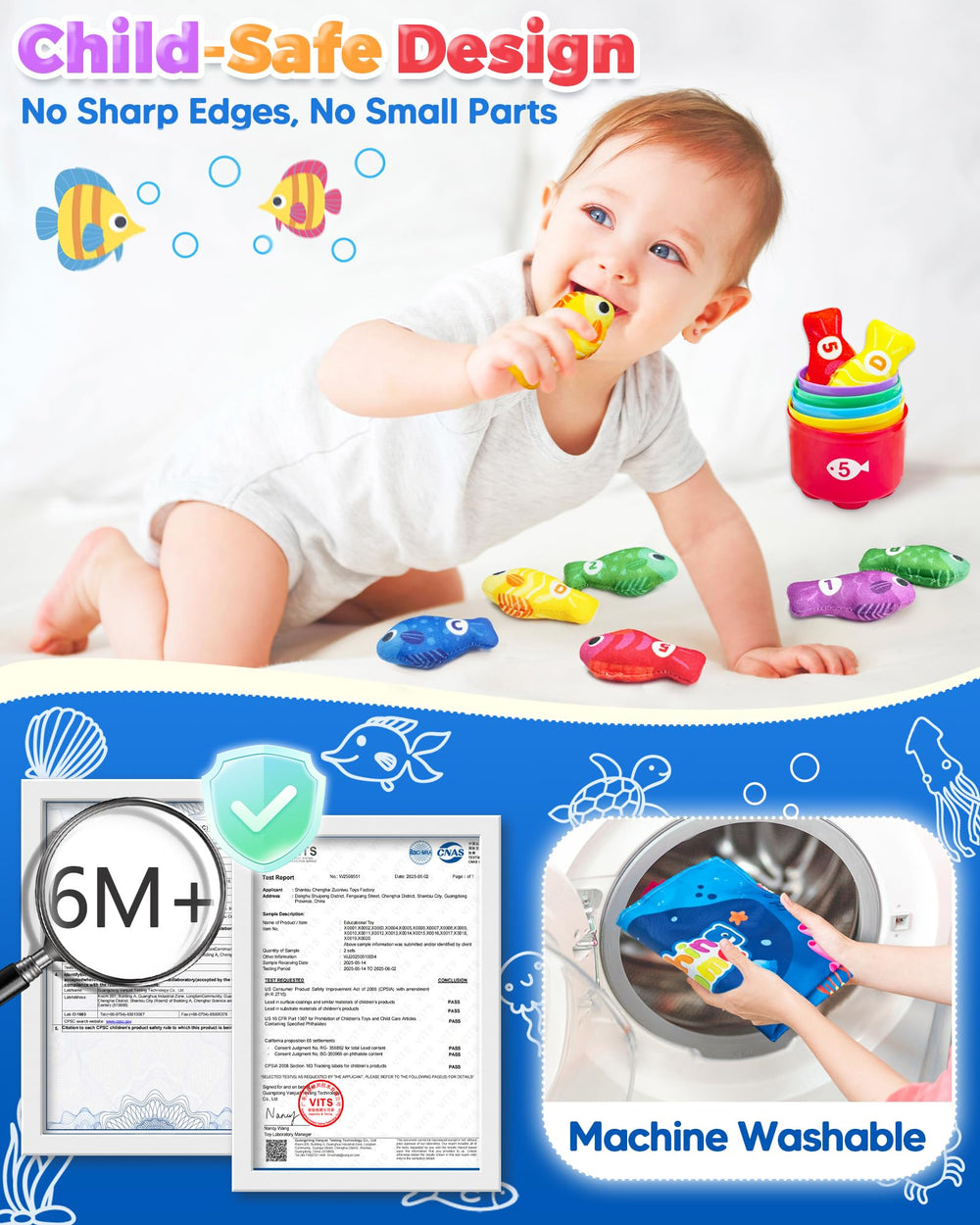 Gagule Montessori stacking cups with 1-5 numbers and A-E letters promote counting.