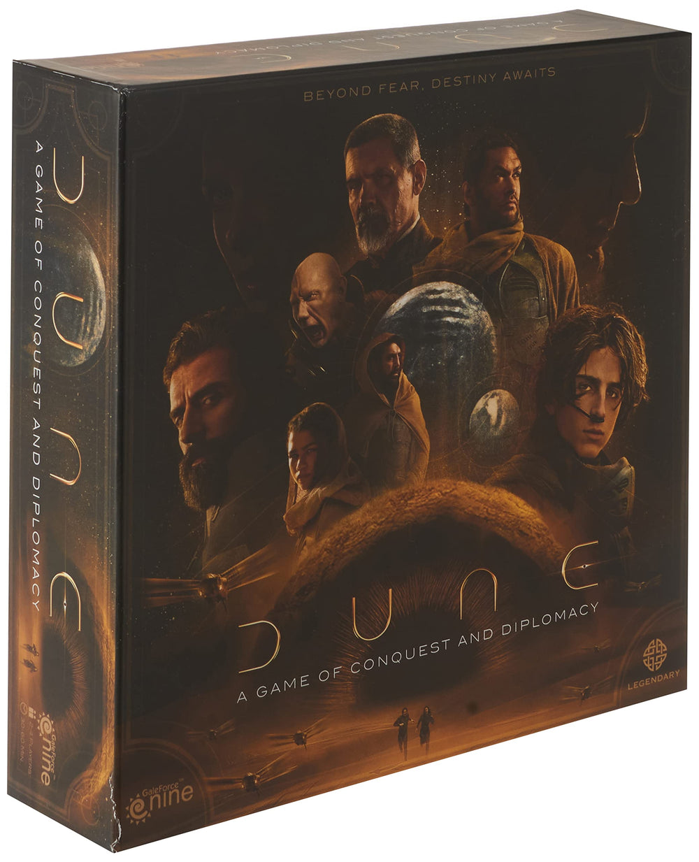Gale Force Nine Dune box art shows iconic factions for an immersive sci-fi experience.