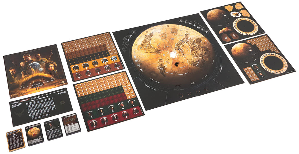 Gale Force Nine Dune components and spice deck emphasize strategic decisions and resource management.