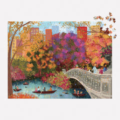 Close detail of Galison Bow Bridge artwork in Central Park during fall