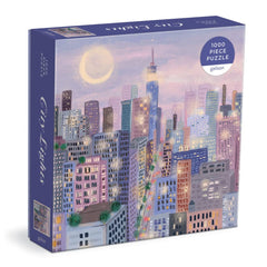 Galison City Lights 1000-piece puzzle with lavender-night skyline for immersive evenings.