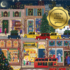 Galison Winter Lights assembled puzzle at 20x20 inches showing urban scene.