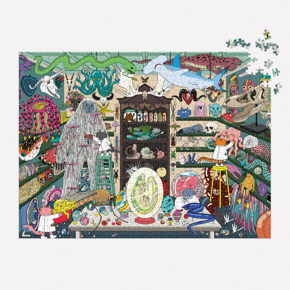 Galison World of Curiosities completed puzzle measures 27 by 20 inches.