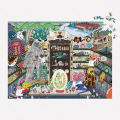 Galison World of Curiosities completed puzzle measures 27 by 20 inches.