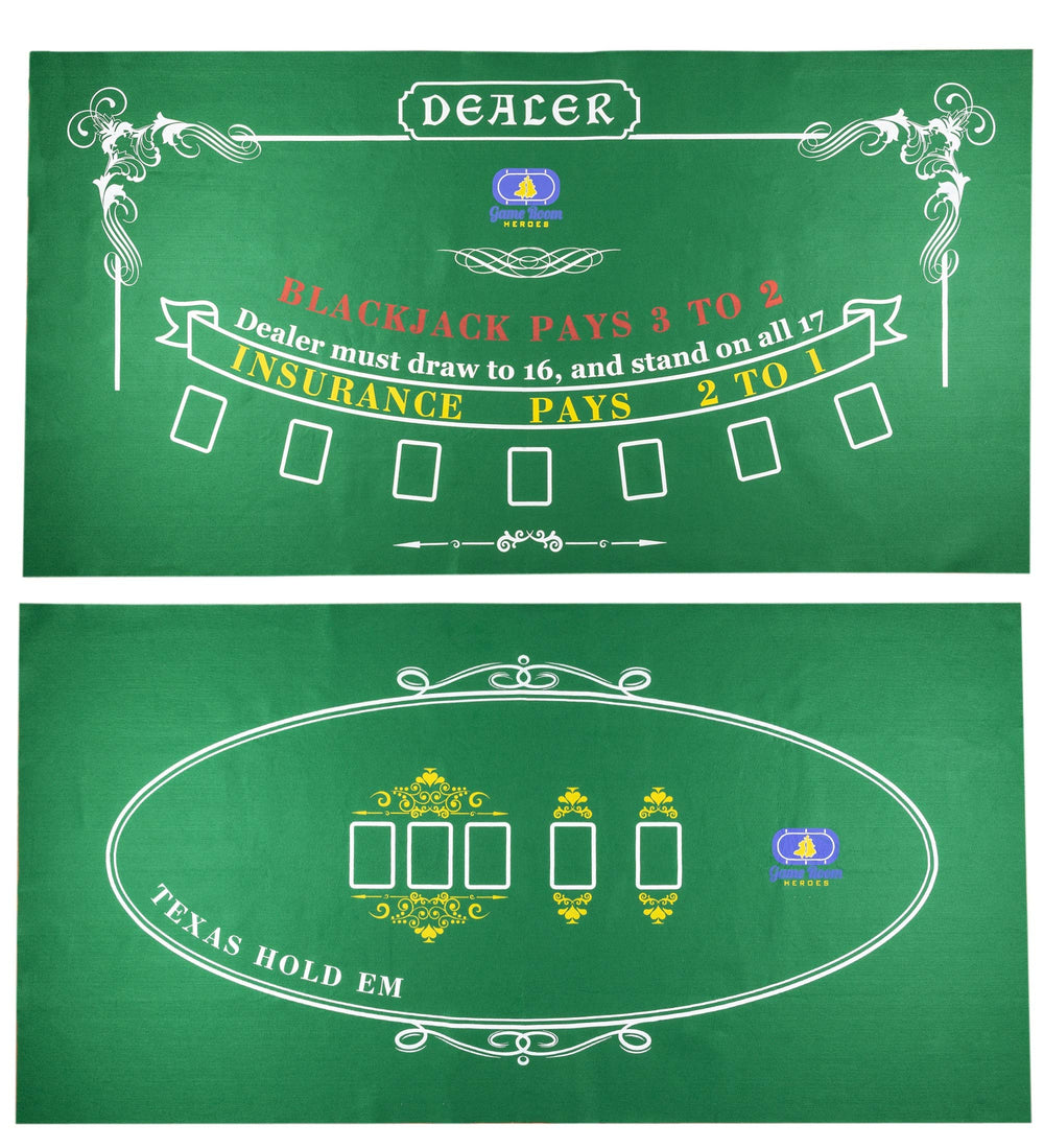 Game Room Heroes casino table felt with Texas Hold'em layout, ideal for home poker nights.