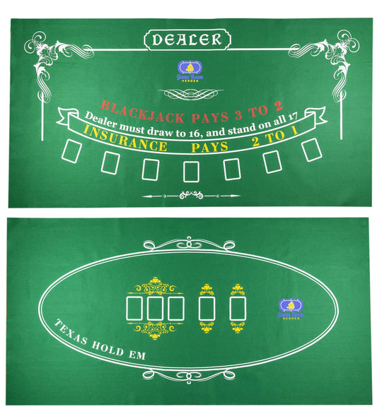 Game Room Heroes casino table felt with Texas Hold'em layout, ideal for home poker nights.