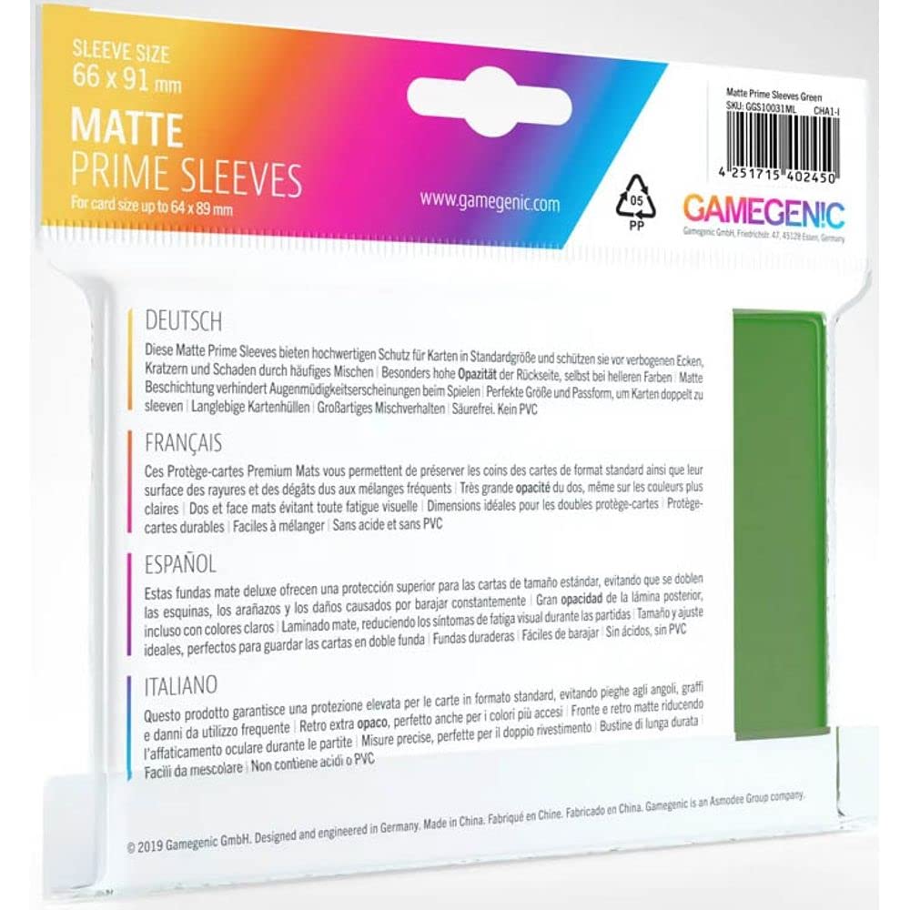 Gamegenic Matte Prime Sleeves Green, back view, smooth shuffle feel with no slipping.