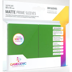 Gamegenic Matte Prime Sleeves Green, front view, glare reduction for clear card visibility.